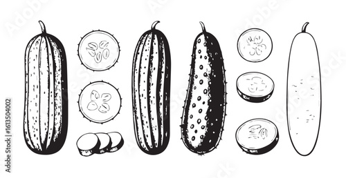 Detailed engraving of cucumbers and slices silhouette