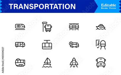 Transportation Icons in a Professional Line Icon Collection – Modern, Minimal, and Fully Scalable Vector Symbols for Digital Projects