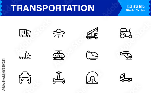 Transportation Icons in a Professional Line Icon Collection – Modern, Minimal, and Fully Scalable Vector Symbols for Digital Projects