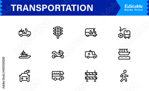 Transportation Icons in a Professional Line Icon Collection – Modern, Minimal, and Fully Scalable Vector Symbols for Digital Projects