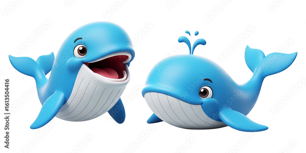 Obraz premium 3D cartoon pair of cute whales isolated on transparent background, PNG file add