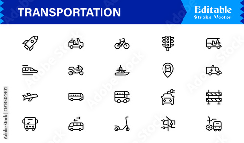 Transportation Icons in a Professional Line Icon Collection – Modern, Minimal, and Fully Scalable Vector Symbols for Digital Projects