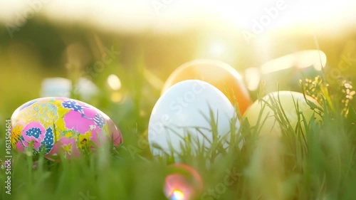 Horizontal video colorful Easter eggs lying on green meadow grass