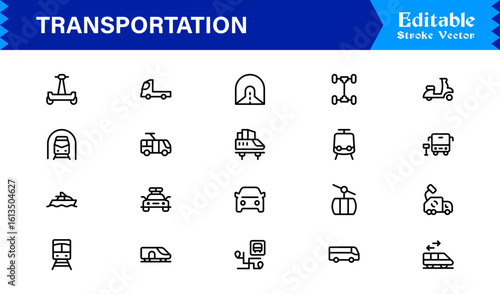 Transportation Icons in a Professional Line Icon Collection – Modern, Minimal, and Fully Scalable Vector Symbols for Digital Projects