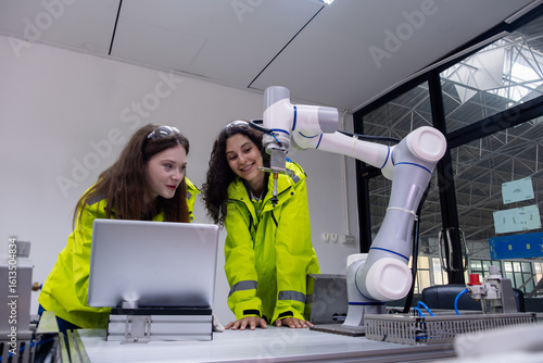 Two students explore robotics technology while collaborating with a robotic arm in a modern lab setting during the day