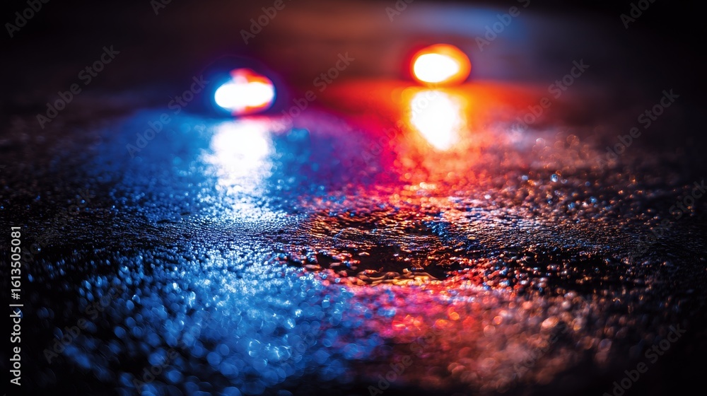 Fototapeta premium Closeup of flashing blue and red lights reflecting on wet pavement at night with cinematic glow.