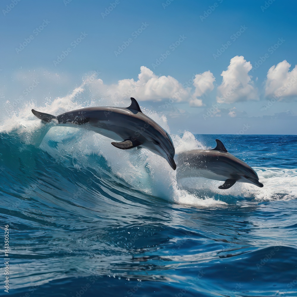 Fototapeta premium Two dolphins jumping out of the ocean wave under a blue sky with white clouds on a sunny day