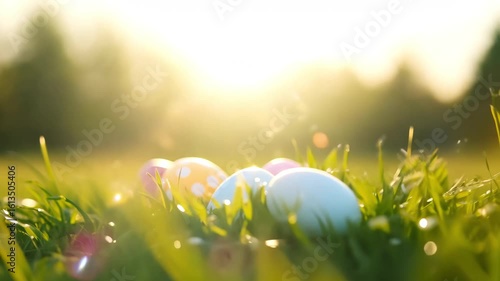 Horizontal video colorful Easter eggs lying on green meadow grass