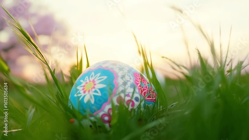 Horizontal video colorful Easter eggs lying on green meadow grass