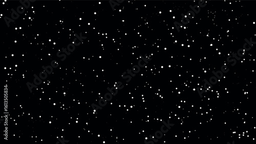 abstract pattern of randomly scattered white dots on a black background at night simulating snowfall or starry sky in digital concept