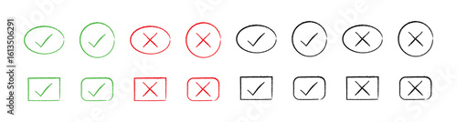 Check mark and cross X symbols green, red and black colors, circle, oval, square and rectangle outlines.