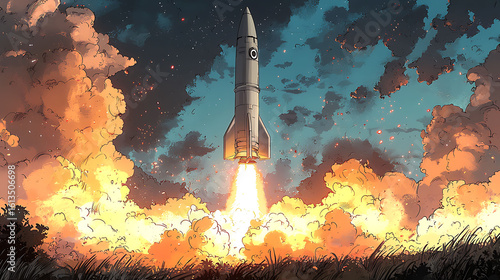 Dramatic comicstyle illustration of a rocket launching into a vibrant sunset sky, engulfed in fiery exhaust. Perfect for science fiction, space exploration, or technology themes.