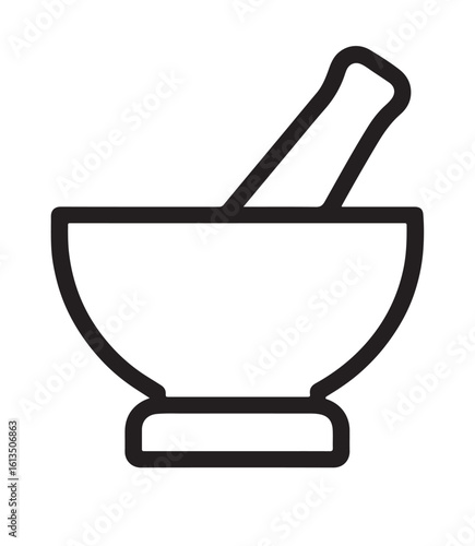 Mortar and pestle, kitchen, cooking, grinding, herbs, spices, black and white sketch