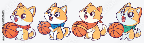 Cute Shiba Inu puppies playing basketball in cartoon style. funny and colorful animal playing volleyball vector.