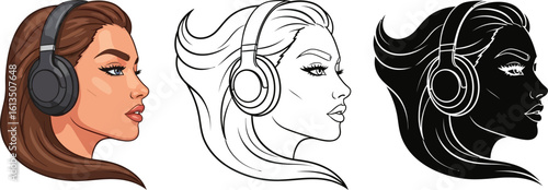 Woman with headphones vector illustration in color line art and silhouette styles art