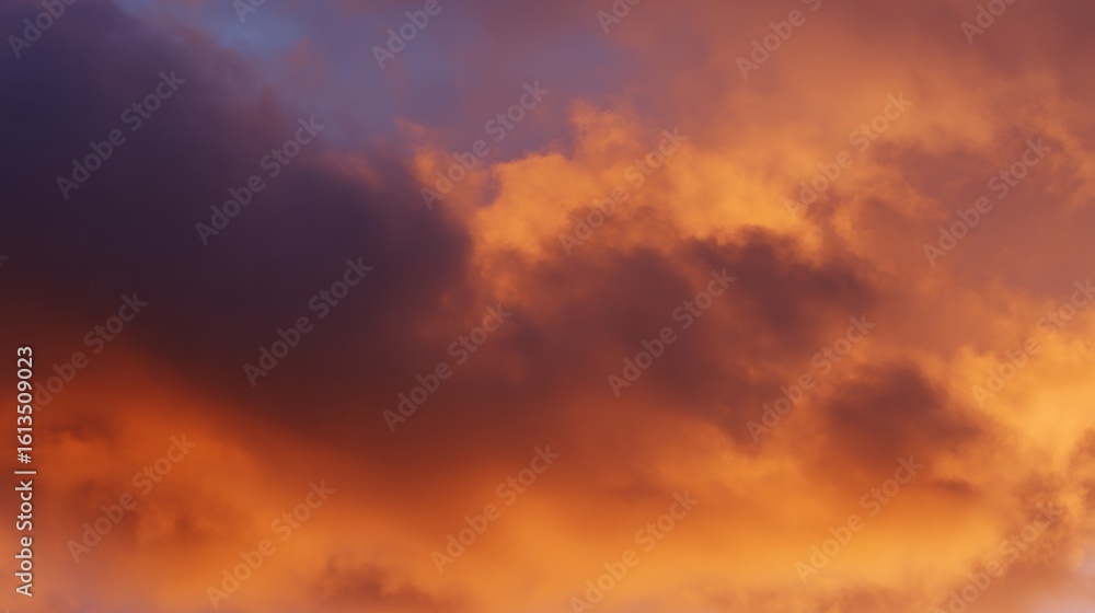 Fototapeta premium Dramatic sunrise with gradient orange and purple clouds, creating a panoramic abstract sky view.
