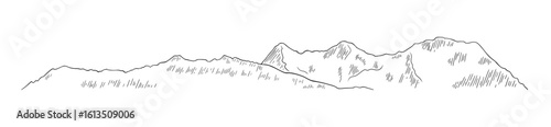 Hand-drawn line art of a mountain range with simple contour details. Swiss Alps landscape silhouette with sketch shading.