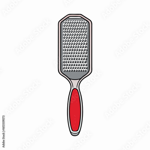 Foot rasp tool with textured metal surface and red handle pedicure grooming