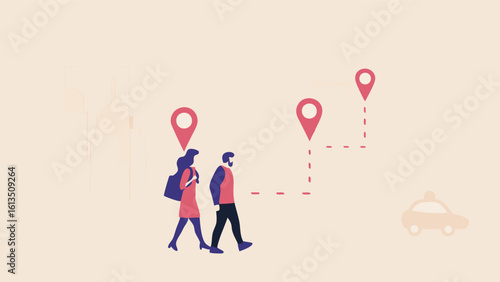Illustration of people walking with location pins and a taxi in the background showing transportation