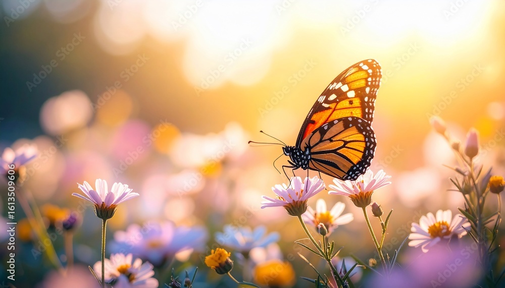 Fototapeta premium Golden Hour Butterfly: A Monarch's Embrace in a Sunset Meadow