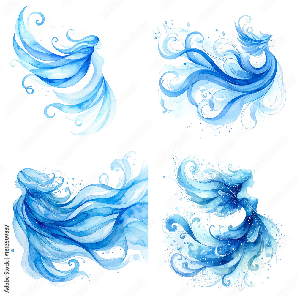Fototapeta premium Four blue winter women with flowing hair on transparent background
