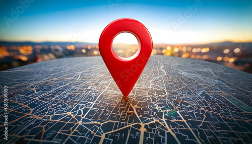 Stunning 3D render of a red location pin on a city map, set against a blurred cityscape at sunset. Perfect for travel, navigation, location services, and GPS concepts.