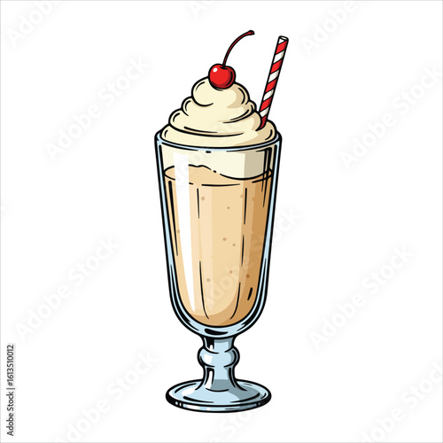 Vanilla Milkshake Vector – Retro Glass, Whipped Cream, Cherry & Straw Illustration