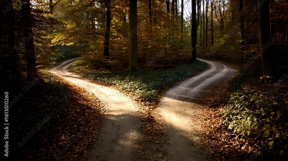 Obraz premium A forked path through a golden autumn forest, symbolizing life's choices under soft sunlight.