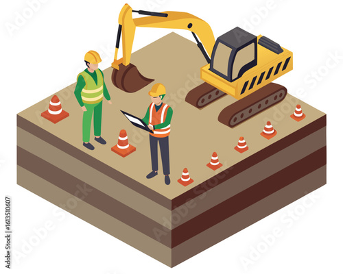 Isometric illustration of an excavation site showing engineers overseeing underground pipeline installation as part of a large construction project.