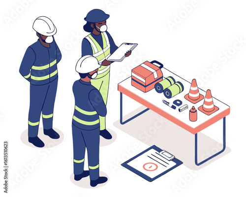 Chemical safety class in isometric style with workers learning to wear respiratory protection masks correctly during industrial hazard training.