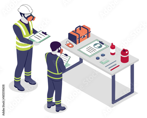 Industrial safety training session depicted in isometric view, where workers practice using respiratory masks for chemical hazard protection procedures.
