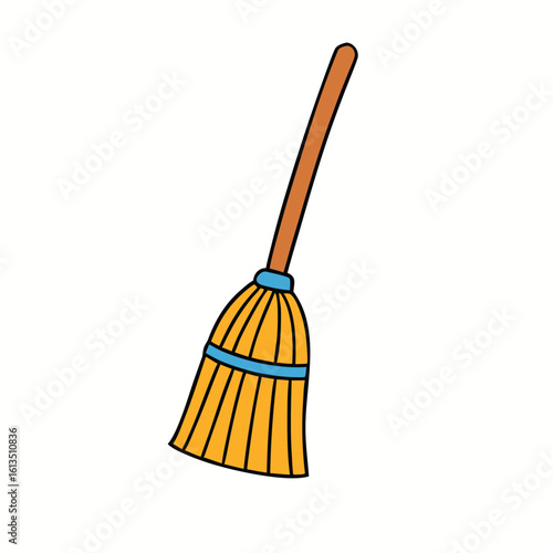 Orange broom with blue band and brown handle cleaning tool