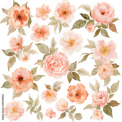 Watercolor set of vintage floral ornaments in antique pink, olive, and burnt orange with loose brush strokes, isolated on white background