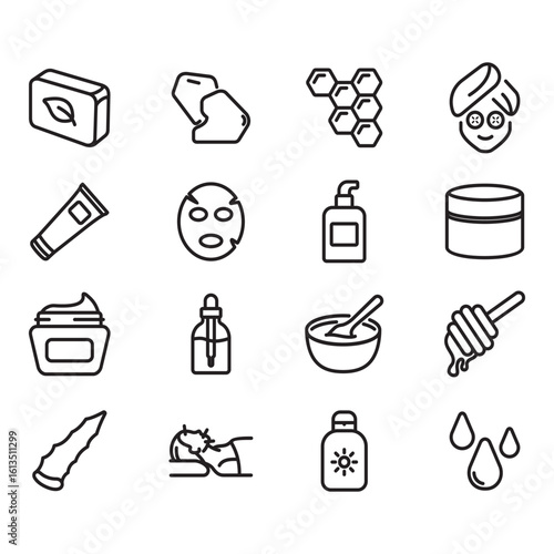 Skincare icon set. Thin line vectors. Contains icons such as facial soap, sunscreen, retinol, and more.