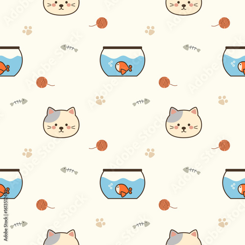 Face cat cartoon so cute. On yarn fishbone fishbowl footprint background. Pattern seamless vector illustration. 