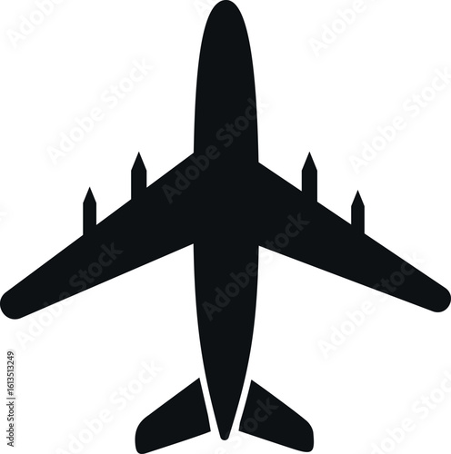 A clean, bold silhouette of a commercial jet against a white background.