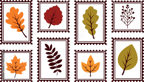 Autumn Postcard stamp Template Background Vector Illustration with Leaf, Oak, and Pumpkin Elements.
