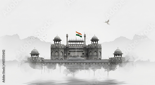Red Fort, Delhi, India, depicted in an artistic, monochrome style. The iconic landmark is reflected in the water. The Indian flag flies proudly atop the structure