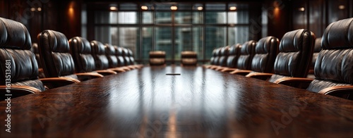 Empty conference room with leather chairs and polished wood table
