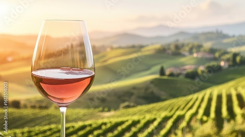 Wallpaper Mural Rose liquid rests inside glass with vineyard and hills background during sunset showcasing craft beverages. Torontodigital.ca