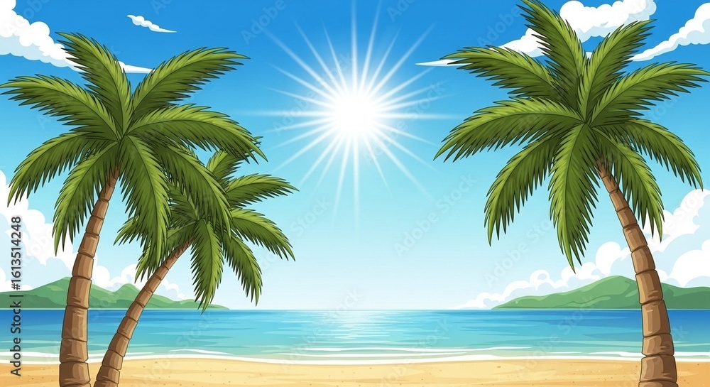 Obraz premium Tropical Beach Scene with Palm Trees, Clear Blue Ocean, and Bright Sunny Sky