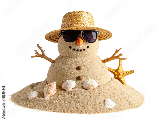 Snowman Made from Sand with Seashell Eyes, Beach Theme, Isolated on Transparent Background