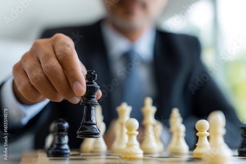 Wallpaper Mural A man in a suit is holding a black chess king over a chessboard with other chess pieces Torontodigital.ca