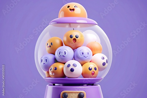 Adorable gumball machine filled with cute expressive chick eggs on a vibrant purple background