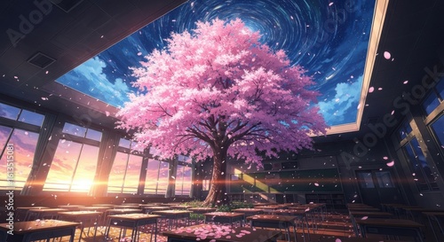 Magical Classroom Cherry Blossom Tree Under Starry Sky
