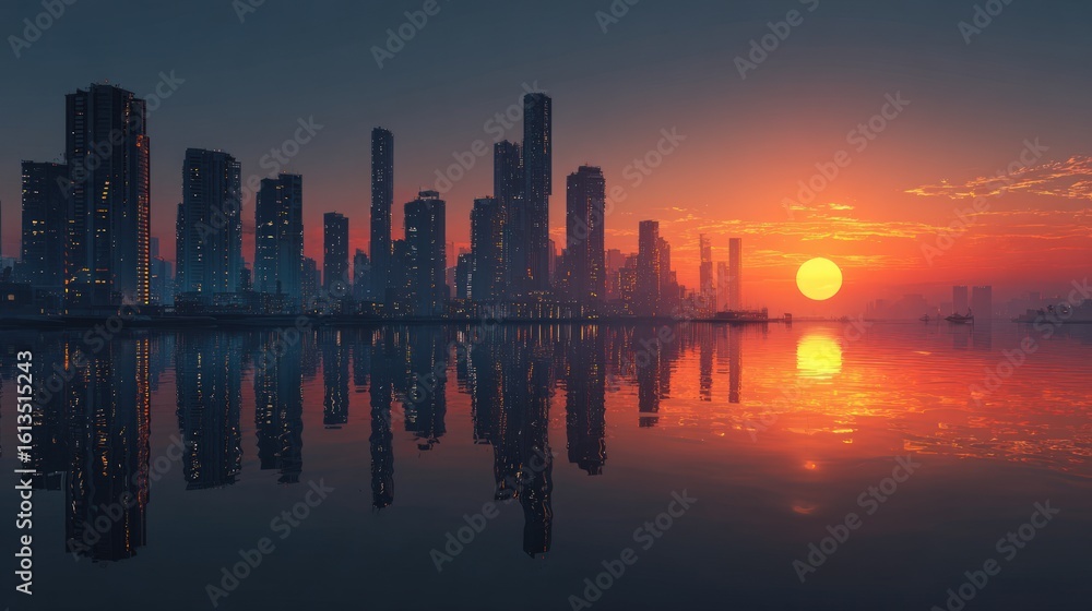Fototapeta premium A cityscape silhouettes against an orange sky at dusk, reflecting in calm water with a setting sun