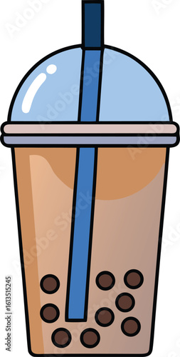 Brown bubble tea drink with blue straw and light blue lid beverage