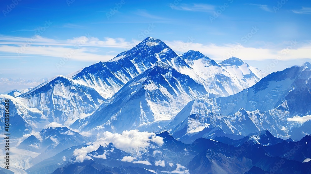 Obraz premium Cloudy, landscape, range, snow, scenery, mountain, blue sky and white clouds: Peaks Kissing Blue Skies & White Clouds, Where Snow-Clad Summits Paint Breathtaking Scenery Across Vast Mountain Ranges.