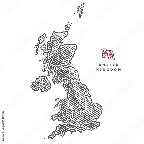 Map of  the United Kingdom in engraved style. Hand-drawn engraving-style illustrations. Etched vector illustration.