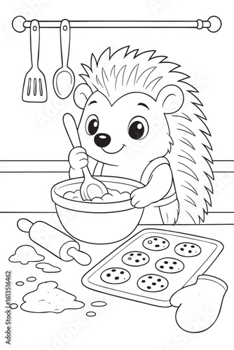 Simple line drawing of a hedgehog mixing dough in a bowl while baking cookies. Includes a rolling pin, oven mitt, and utensils on the wall. A coloring book page for kids, with vector crisp lines, bold